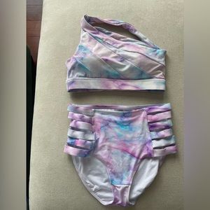 Kiava watercolor high waisted bottom and one shoulder top. Both size small.